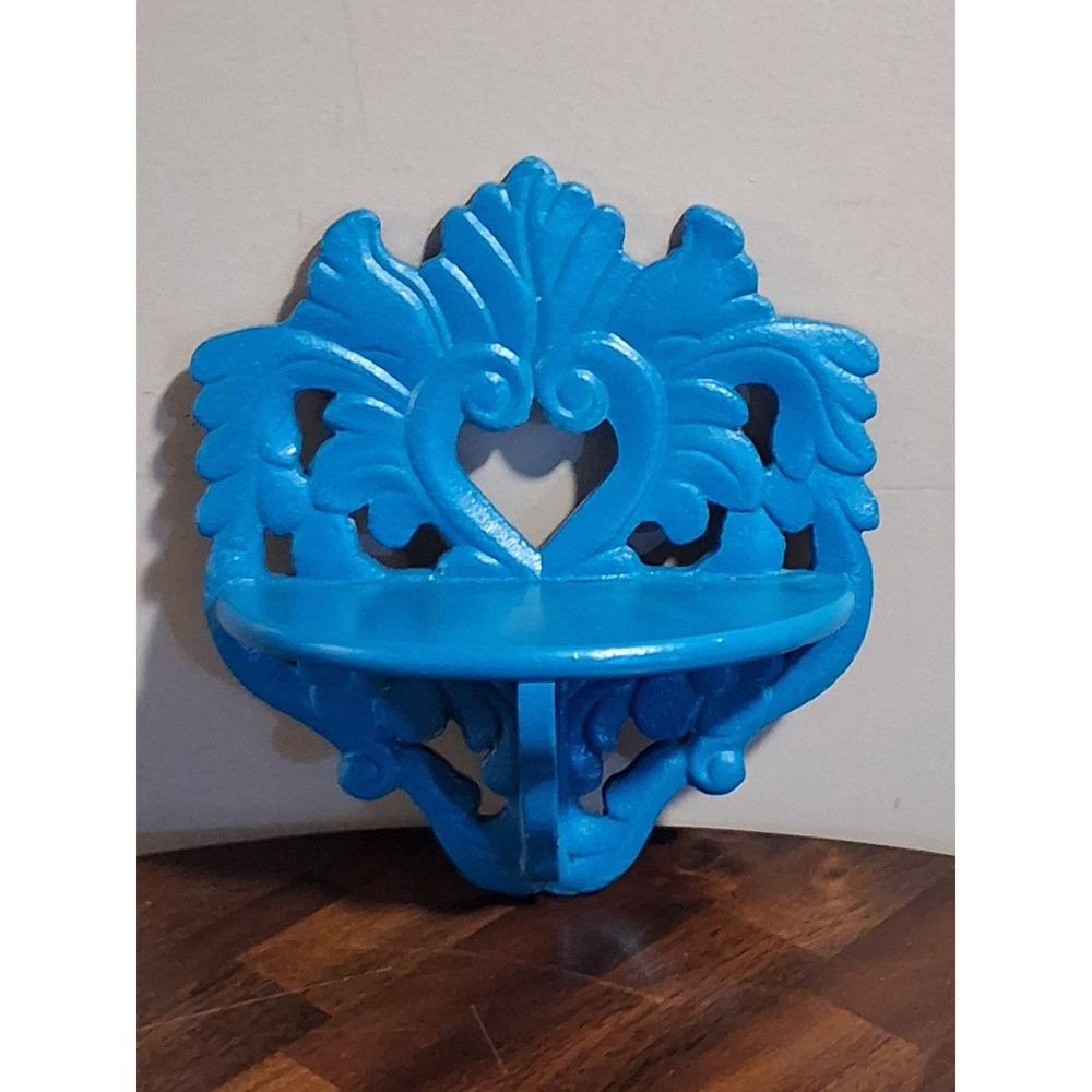 Vintage Blue Wooden Heart Scroll Wall Shelf Floating Corbel Sconce 8.5in